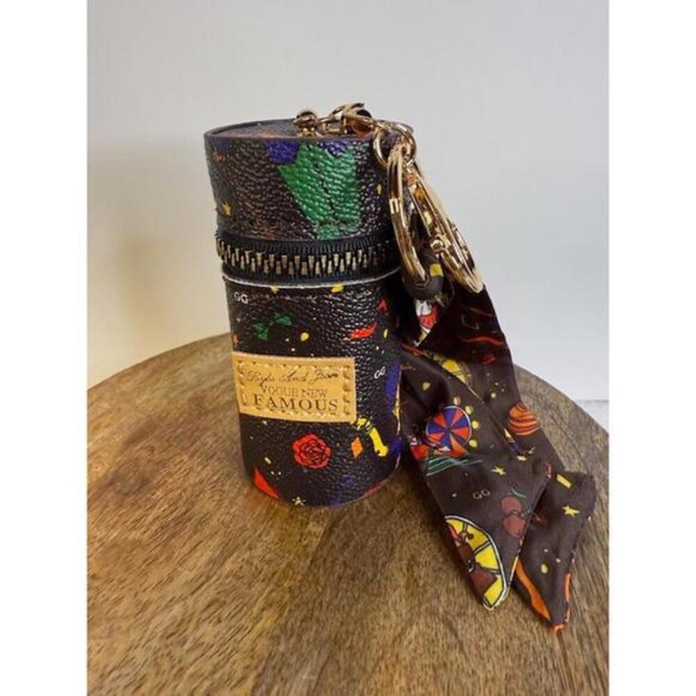 Circus Print Mini Barrel Keychain Case w Scarf AirPods Coin Pouch NWT